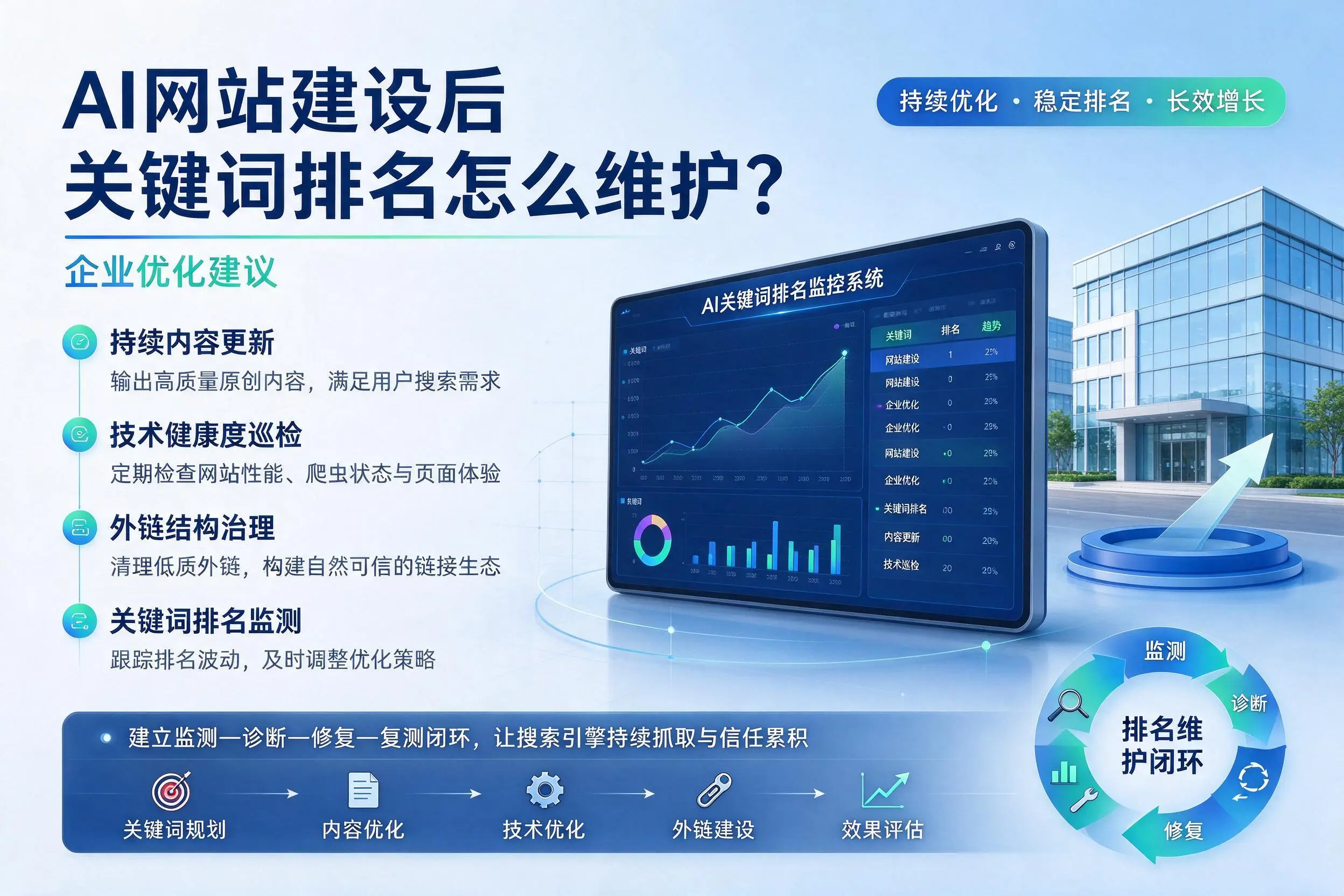 AI网站建设后关键词排名怎么维护?福建企业优化建议