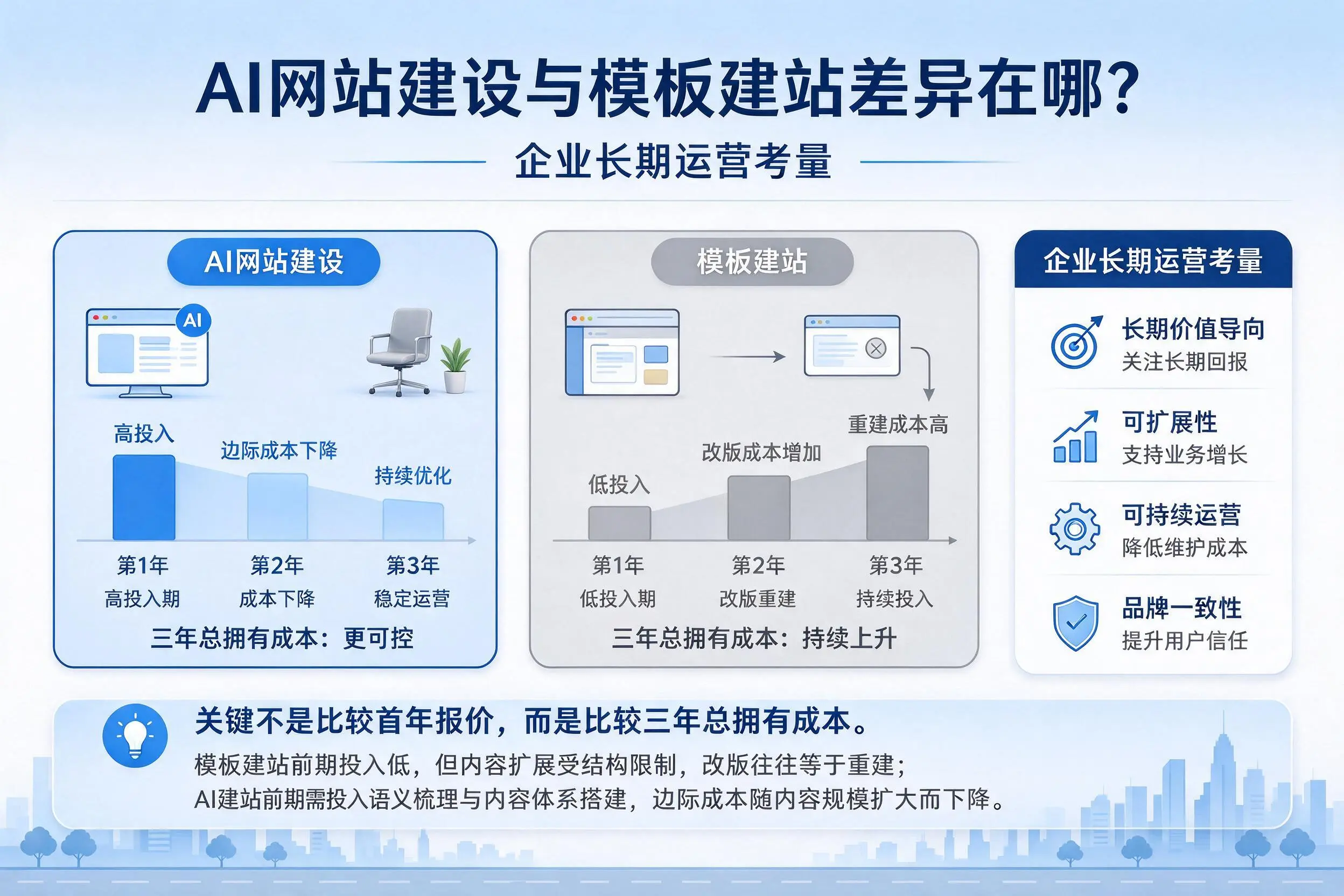 AI网站建设与模板建站差异在哪？福建企业长期运营考量