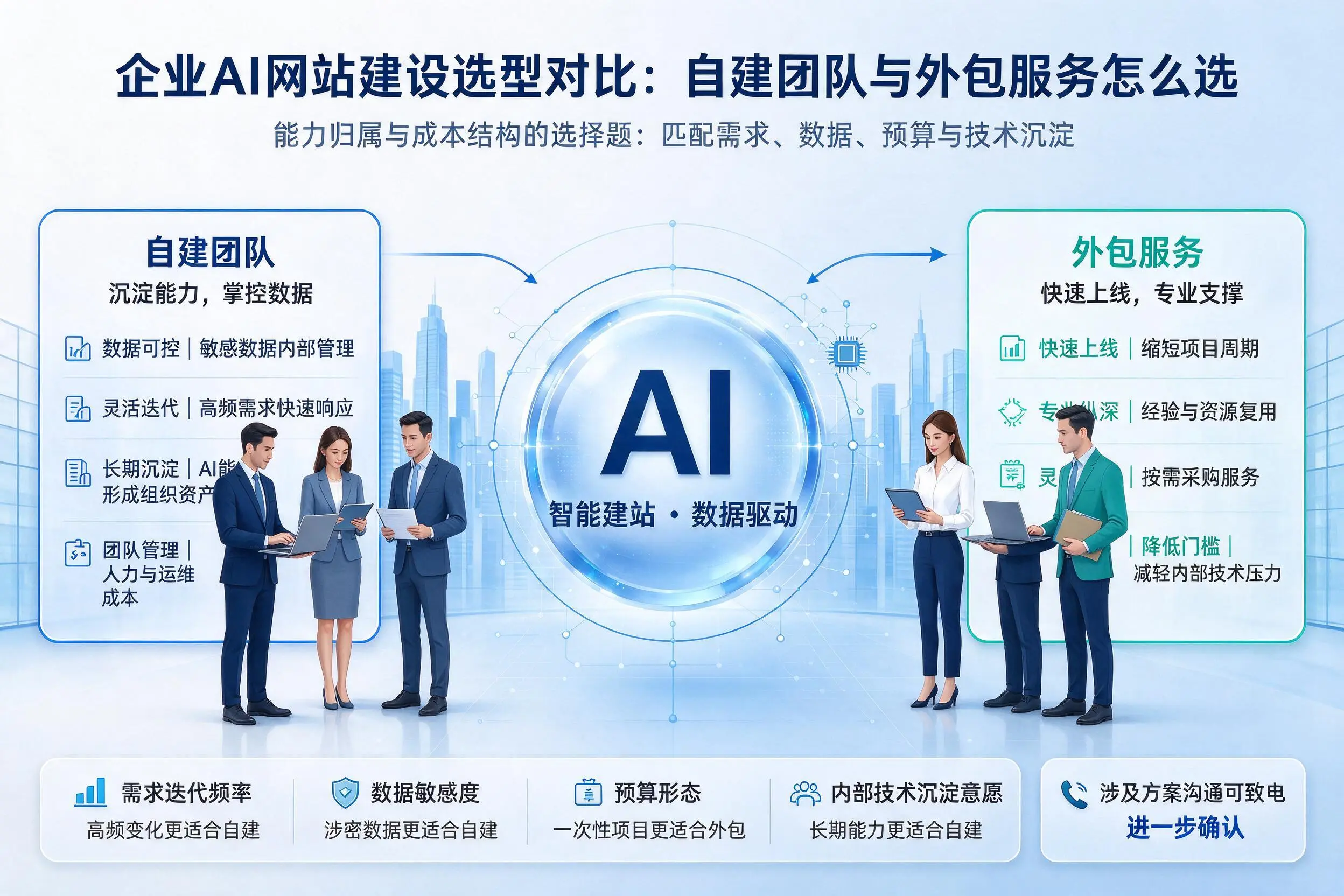 福建企业AI网站建设选型对比：自建团队与外包服务怎么选